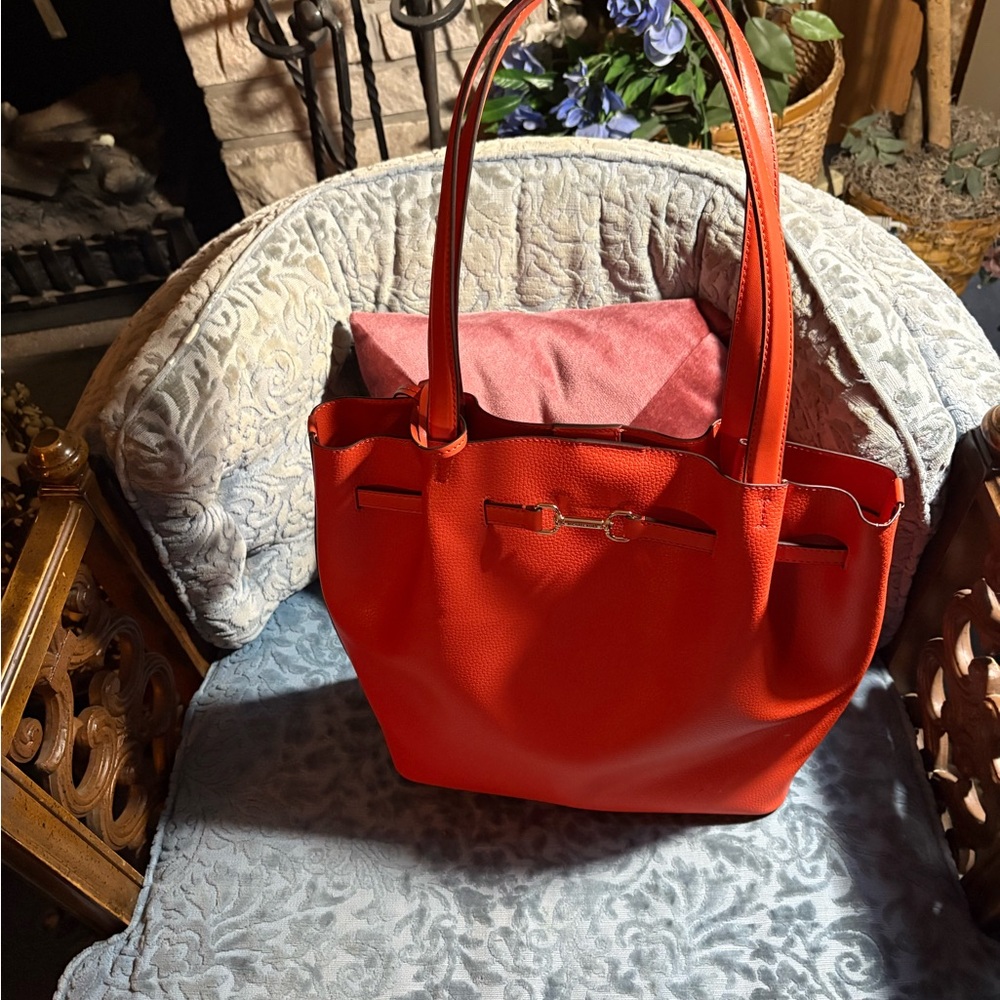 Michael Kors Vibrant orange red Tote Bag w gold MK emblem hanging down. New!!!!